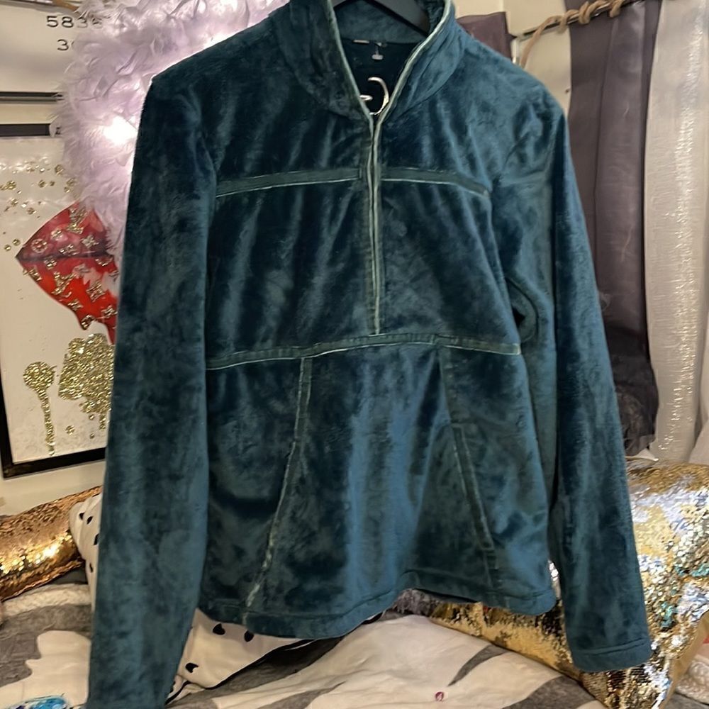 Athleta large emerald green mandarin collar half zip pullover fleece sweatshirt - Picture 2 of 7